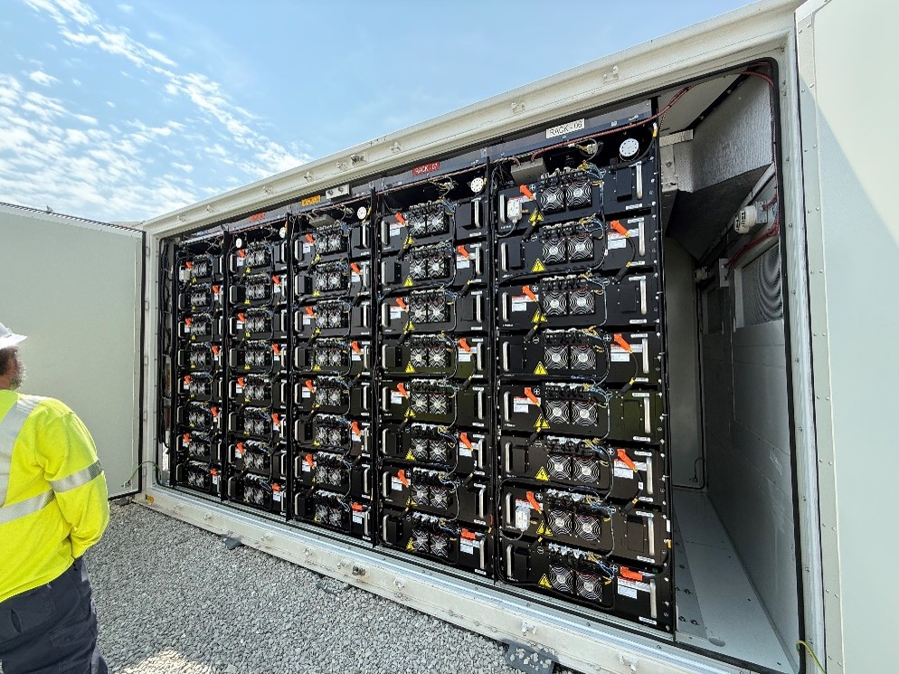 Open container showing battery racks where modules and cells are stored