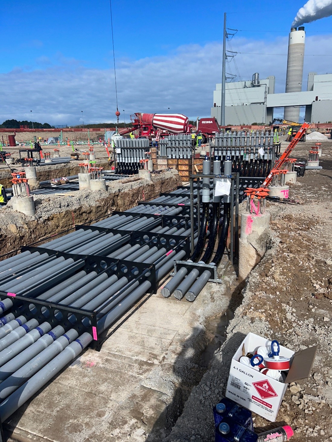 Electrical duct banks (PVC bundles) and risers (vertical pieces)