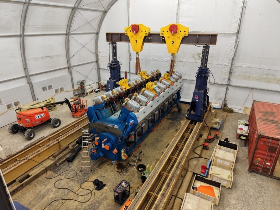 Inside the tent, the hydraulic gantry