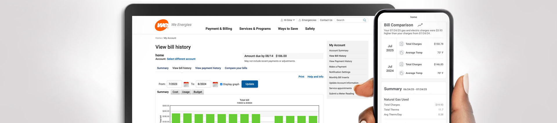 laptop displaying my account chart and phone displaying bill comparison content