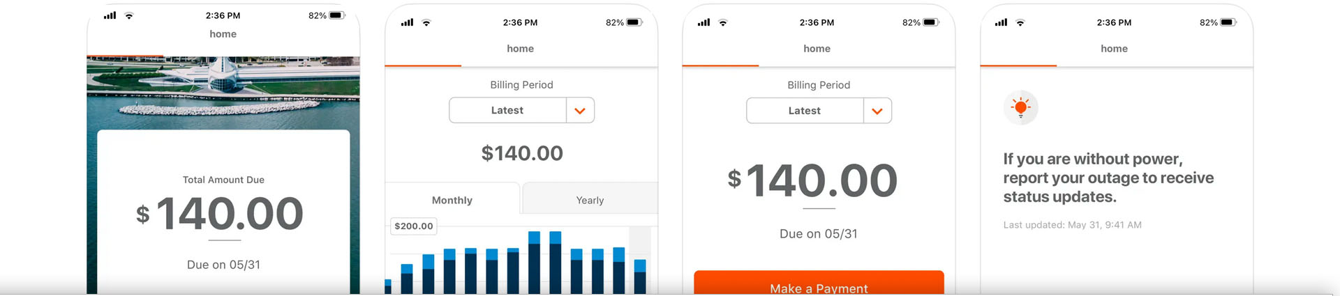 we energies app screens showing outage, payment, bill examples