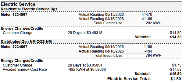 net metering 2 meter parallel bill example