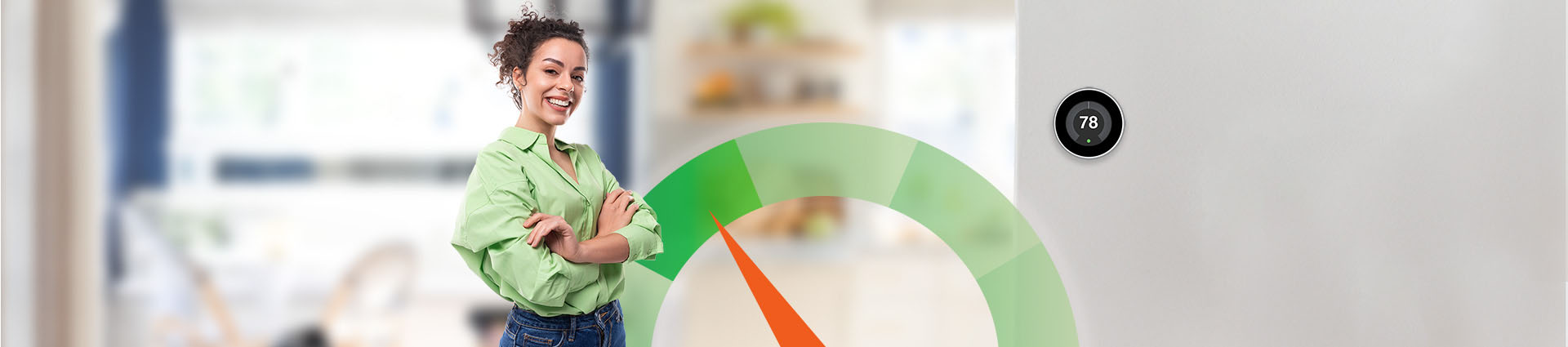 happy woman standing by thermostat with a graphic meter gauge